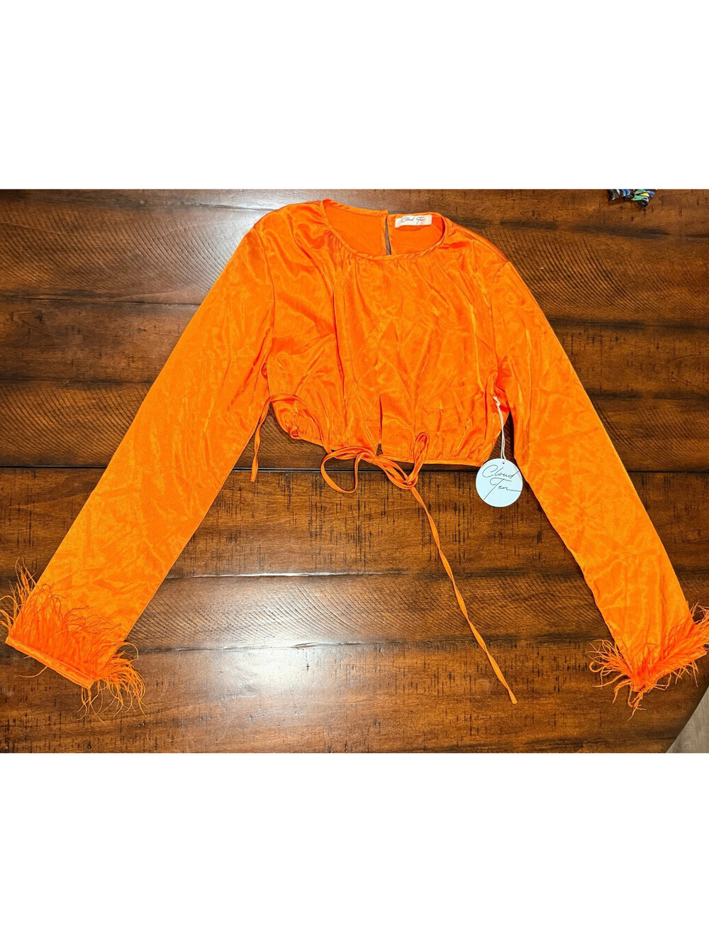 Cloud Ten Cropped Long Sleeve Top - Orange with Feather Detail - Size Small